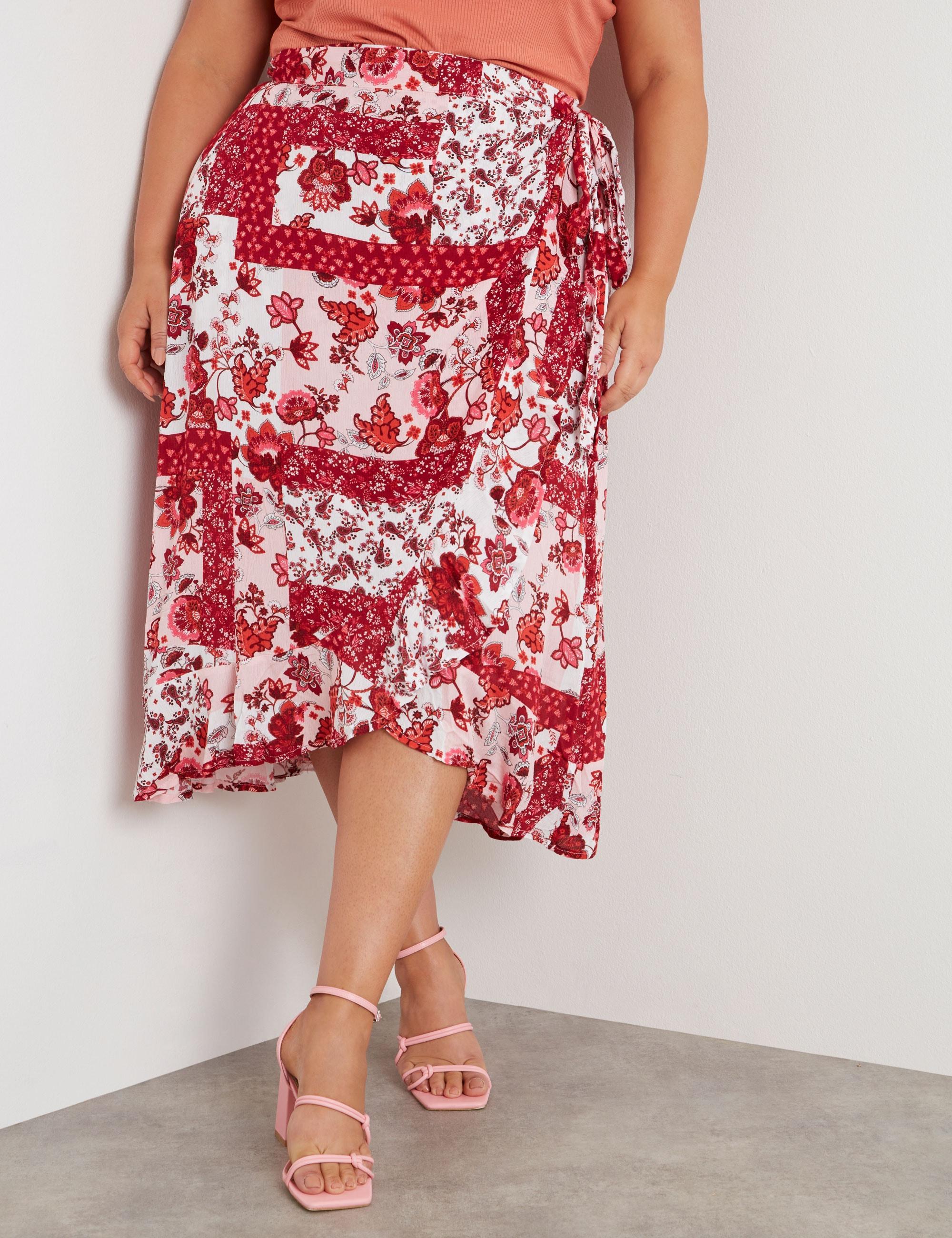 BeMe - Plus Size - Womens Skirts - Midi - Summer - Red - Floral - Work Clothes - Berry Patchwork - Oversized - Tie Waist Knee Length - Office Fashion