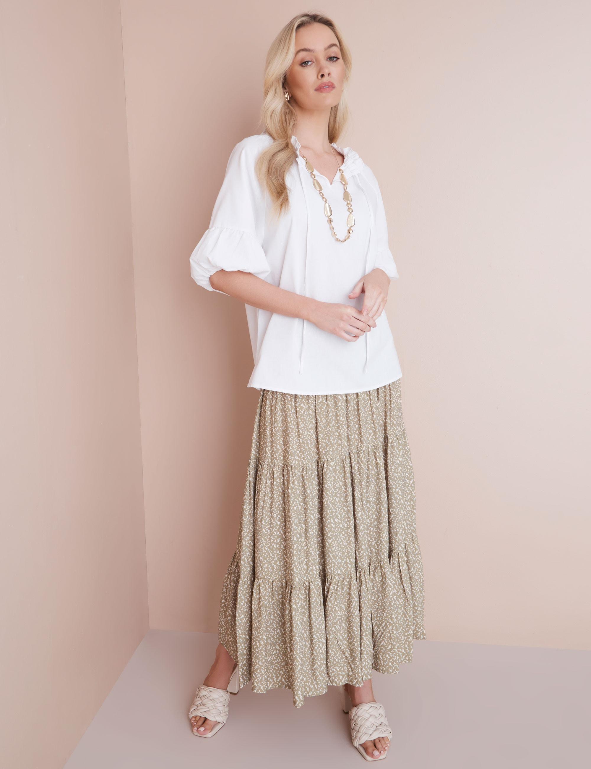 NONI B - Womens Skirts - Maxi - Summer - Green - A Line - Smart Casual Fashion - Leaf - Oversized - Shirred Waist Tiered - Long - Office Work Clothes