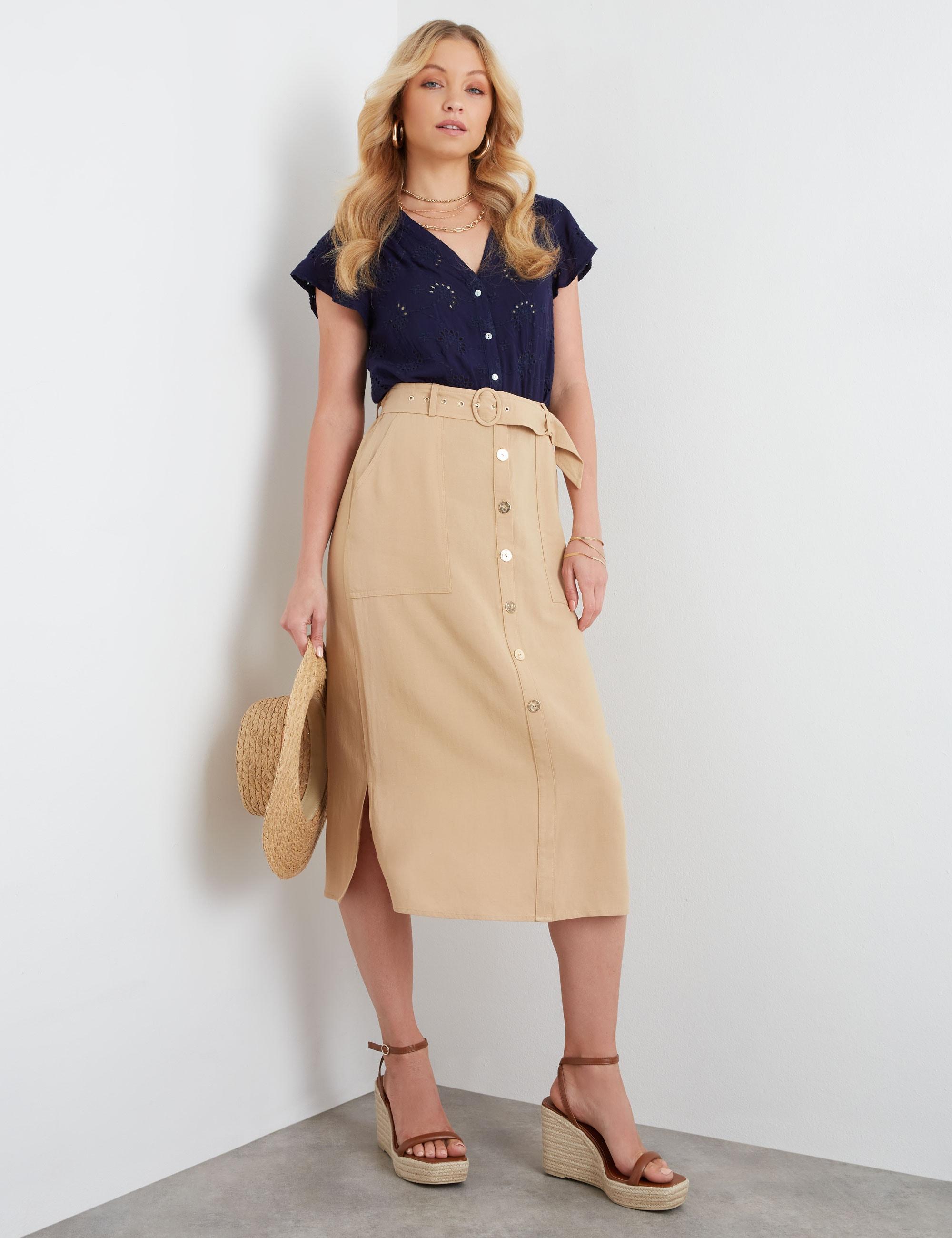 ROCKMANS - Womens Skirts - Midi - Summer - Brown - Linen - A Line - Fashion - Latte - Oversized - Button Belted - Knee Length - Casual Work Clothes