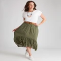 MILLERS - Womens Skirts - Midi - Summer - Green - Casual Fashion - Work Clothes - Khaki - Oversized - Belted - Asymmetric - Knee Length - Office Wear
