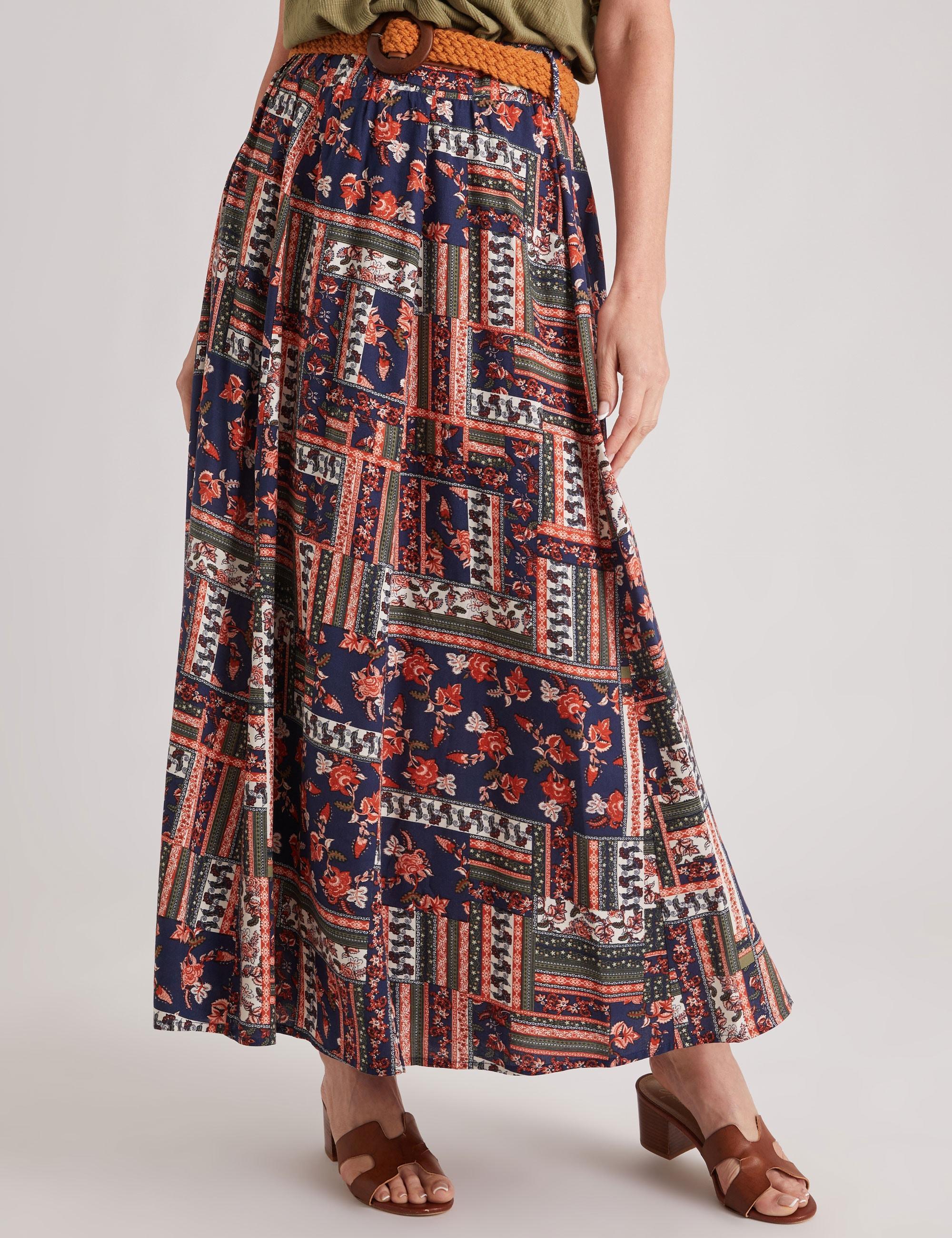 MILLERS - Womens Skirts - Maxi - Winter - Brown - Paisley - A Line - Fashion - Rust Tile - Relaxed Fit - Belted - Long - Casual Office - Work Clothes