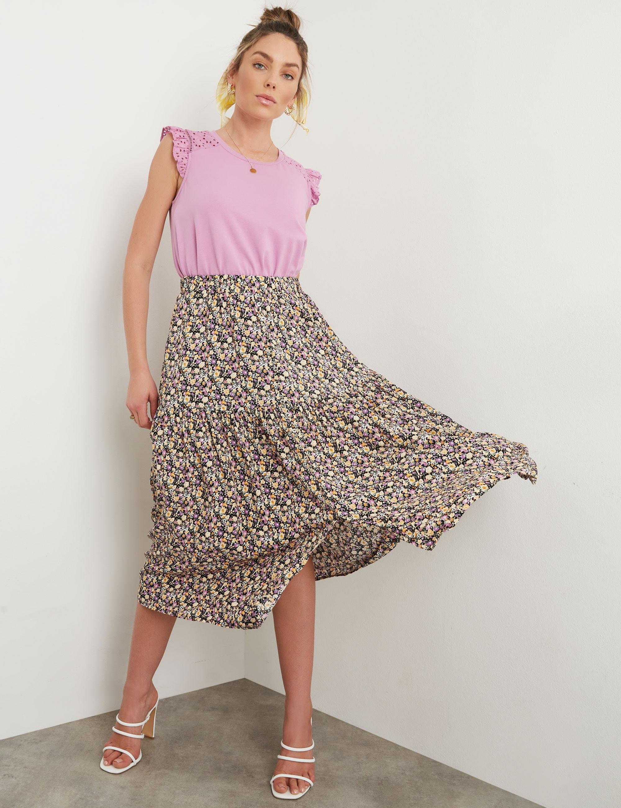 ROCKMANS - Womens Skirts - Midi - Summer - Black - Floral - A Line - Fashion - Oversized - Woven - Elastic Waist - Button Detail - Casual Work Clothes