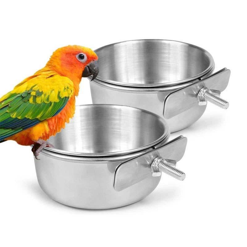 Parrot Feeding Cup Bird Food Plate Stainless Steel Feeder Water Cage Bowl With Holder-14Cm
