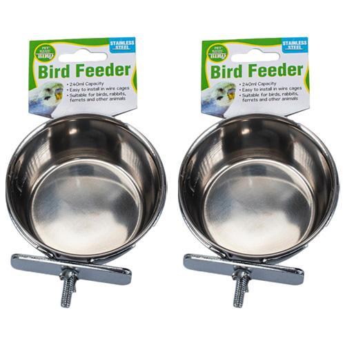 2x Hang-on Parrot Stainless Steel Food Water Bowl Bird Feeder Crates Cages 9.5cm 240ml