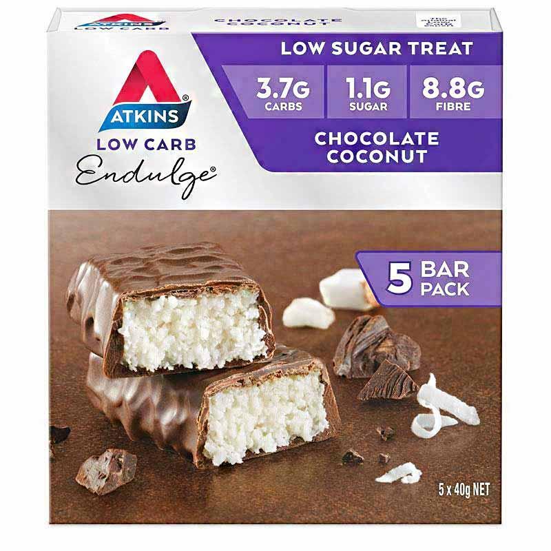 ATKINS ENDULGE CHOCOLATE COCONUT FLAVOUR SWEETS TREATS SNACK BARS 200g 5 PACK