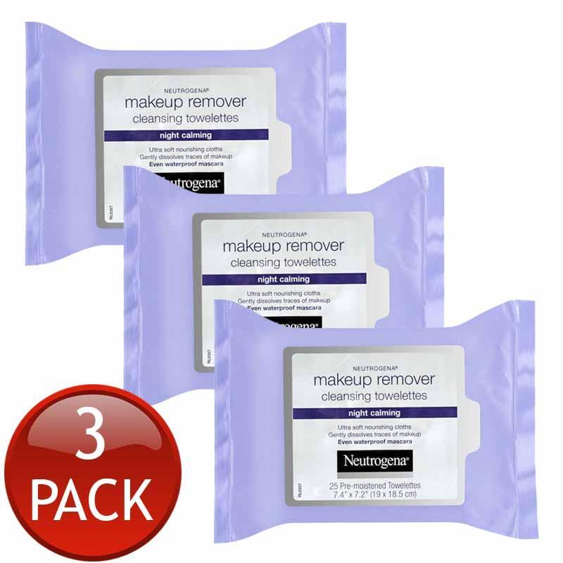 3 x NEUTROGENA MAKEUP REMOVER CLEANSING TOWELETTES NIGHT CALMING CLEANSE 25 PACK