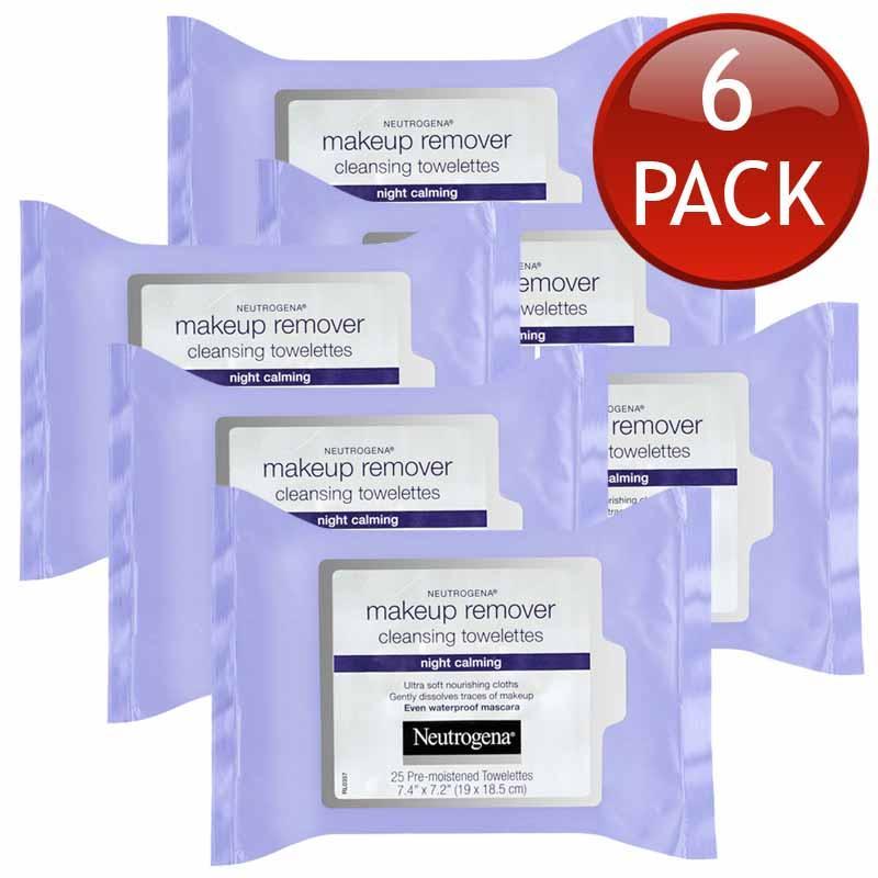 6 x NEUTROGENA MAKEUP REMOVER CLEANSING TOWELETTES NIGHT CALMING CLEANSE 25 PACK