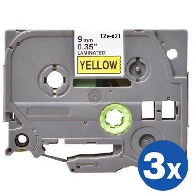 3 x Brother TZe-621 TZe621 Generic 9mm Black Text on Yellow Laminated Tape - 8 meters