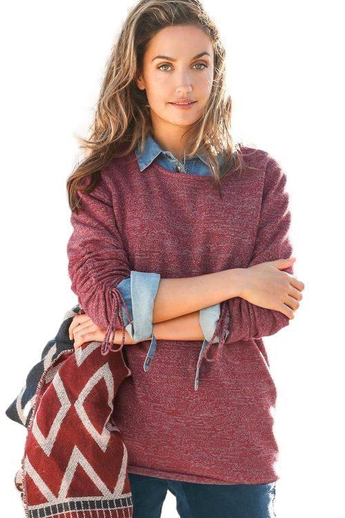 Urban - Womens Jumper - Short Winter Sweater - Red Pullover - Ruched Sleeve - Knitwear - 3/4 Sleeve - Cherry - Crew Neck - Casual Clothing - Work Wear
