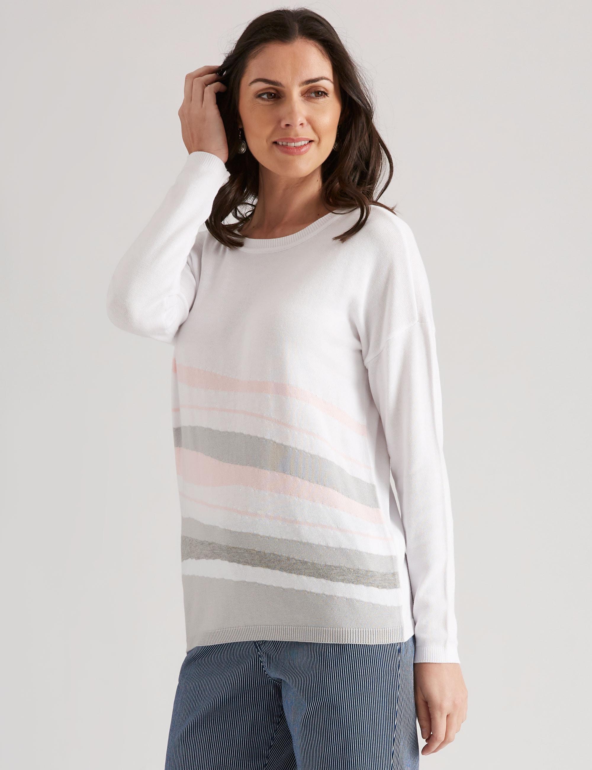 W LANE - Womens Jumper - Regular Winter Sweater - Pink Pullover - Cotton Clothes - Long Sleeve - Cream / Pink Striped - Fitted Crew Neck Batwing Wavy