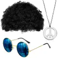 Goodgoods 80s 90s Hip Hop Costumes Outfit Neckchain Punk Sunglasses Explosive Wig for Men Women Rapper Accessories 3pcs(Black)