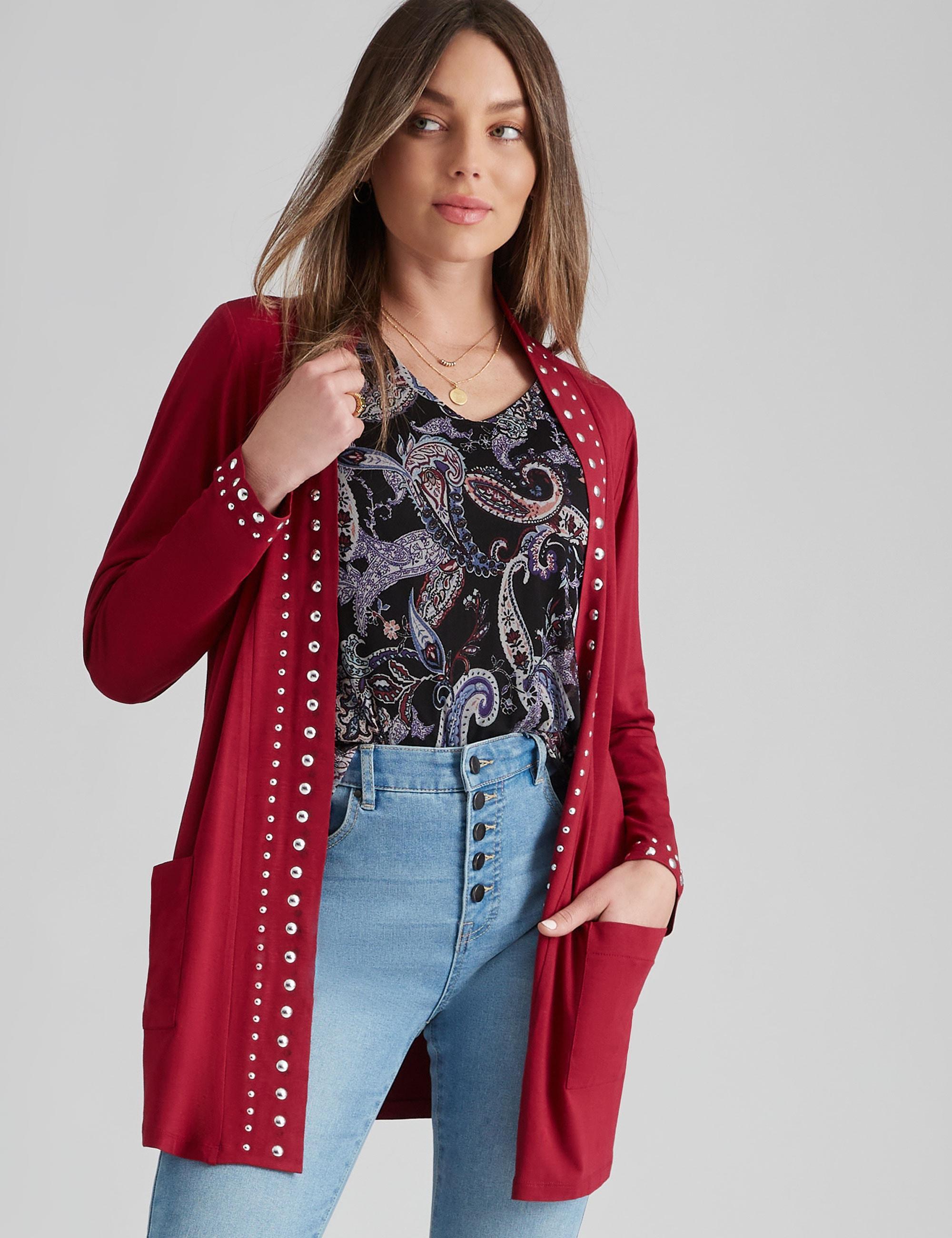 ROCKMANS - Womens Jumper - Long Summer Cardigan Cardi - Red - Sweater - Warm - Relaxed Fit - Paisley - Elastane - Long Sleeve - Nail Head Jersey