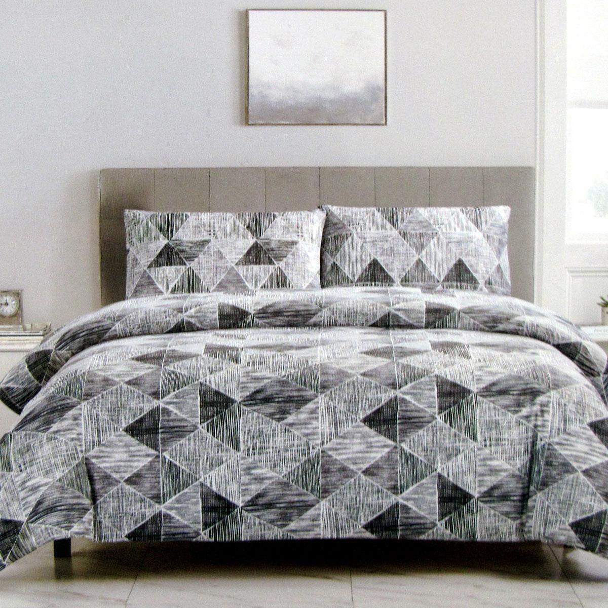 Artex Charcoal Black Avery Lines Pattern Printed Microfiber Polyester Quilt Cover Set Single