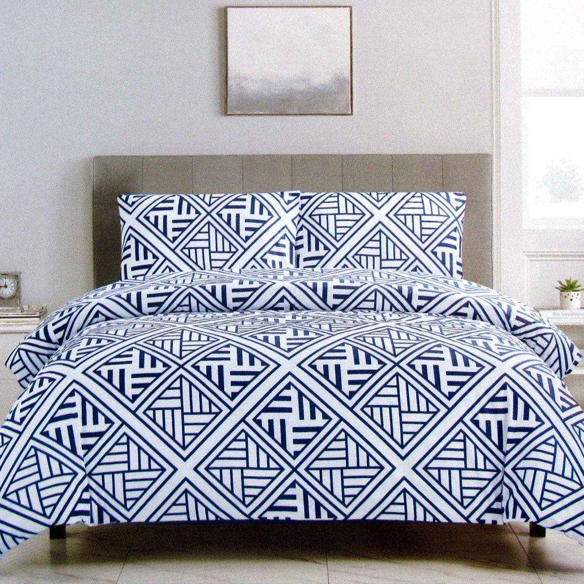 Artex Navy Enzi Geometric Pattern Printed Microfiber Polyester Quilt Cover Set Double