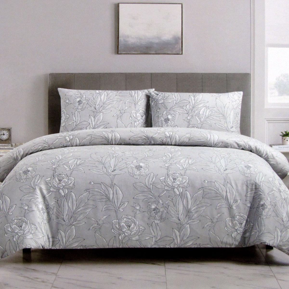 Artex Silver Peony Floral Printed Microfiber Polyester Quilt Cover Set Single