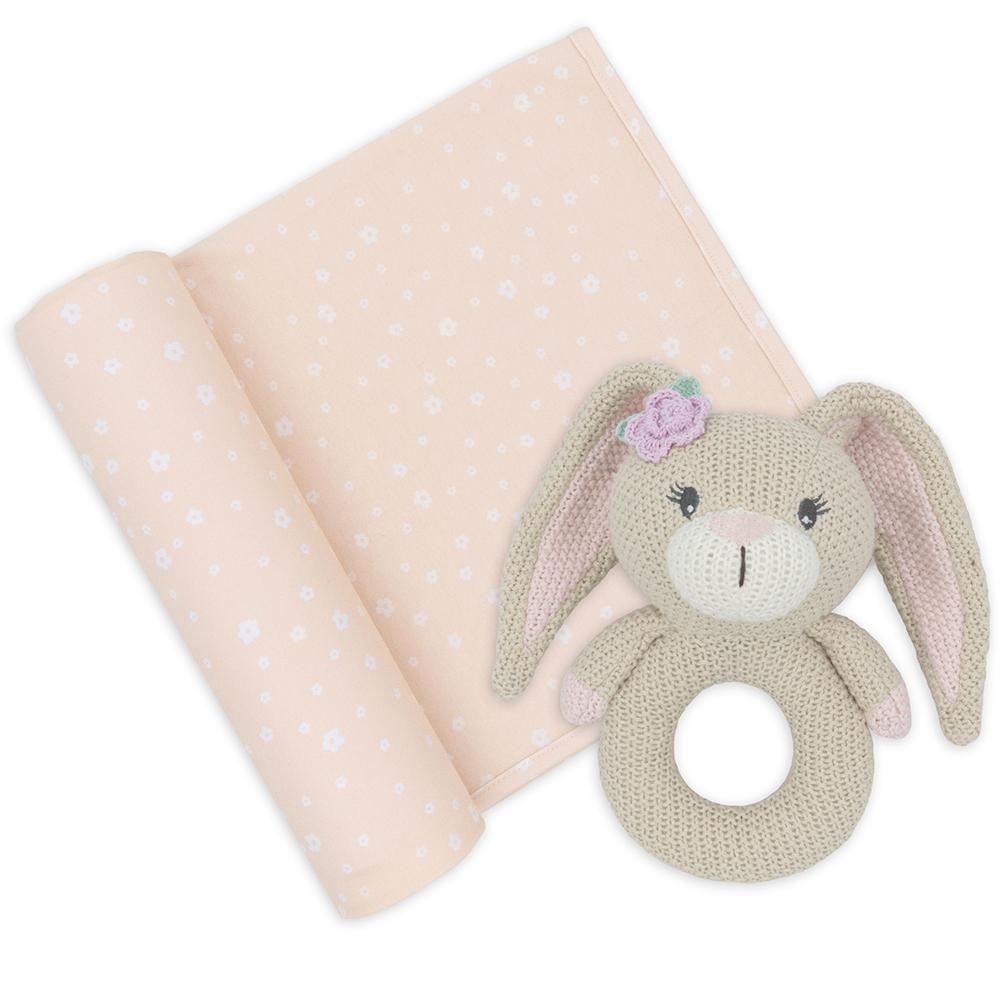 Living Textiles Cotton Jersey Swaddle & Rattle Floral/Bunny Newborn/Infant Set