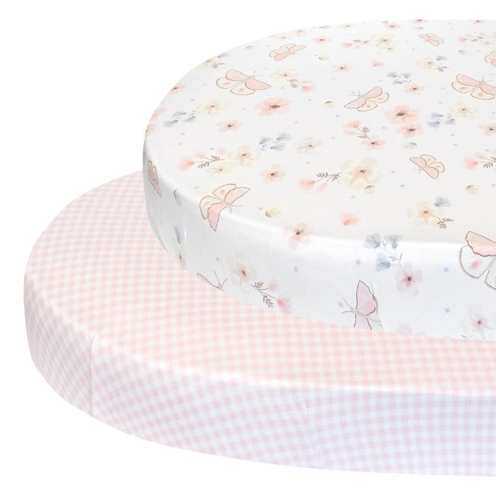 2pc Living Textiles Round/Oval Cotton Cot Fitted Sheets Butterfly/Blush Gingham