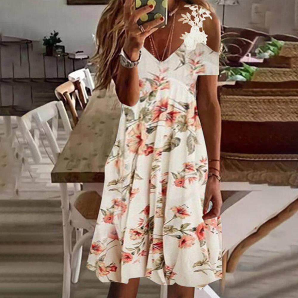 Goodgoods Women Lace Shoulder Strap Floral Print Loose Dress V-Neck Off Shoulder Casual Daily Dresses(Style1,L)