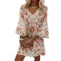 Goodgoods Women Loose Medium Sleeve V-Neck Floral Print Dress Casual Daily Travel Dresses(Style3,M)