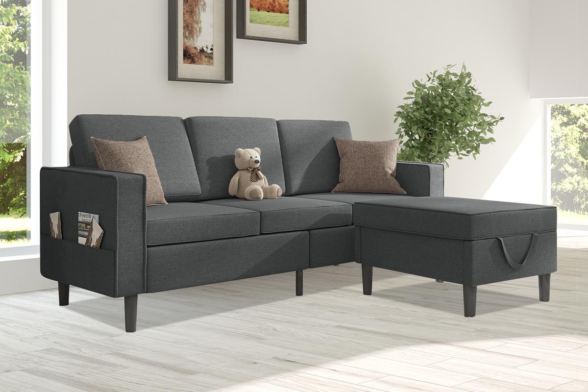 Advwin 3 Seaters Sofa with Ottomans flannel Linen Grey Couch