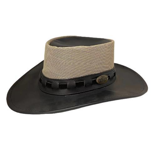 Australian Bush Hat Buffalo Leather Aussie Outback Cowboy Akubra Style Indiana - Black Mesh, M