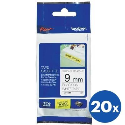 20 x Brother TZe-S221 TZeS221 Original 9mm Black Text on White Strong Adhesive Laminated Tape - 8 metres