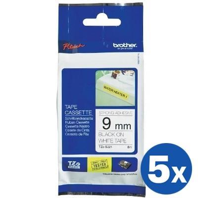 5 x Brother TZe-S221 TZeS221 Original 9mm Black Text on White Strong Adhesive Laminated Tape - 8 metres