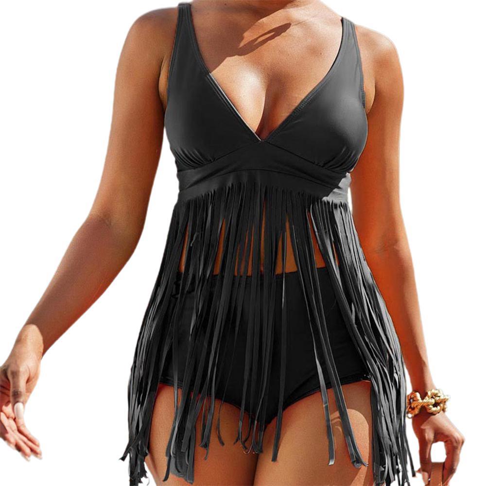 Vicanber Women Solid Tankini Tassels V-Neck Dress Waist Bare Swimwear Tank Top Retro with Shorts Bathing Suit(Black,2XL)