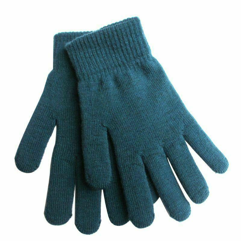 Women Men Unisex Winter Ribbed Knitted Full Fingered Gloves Basic Solid Color - Blue