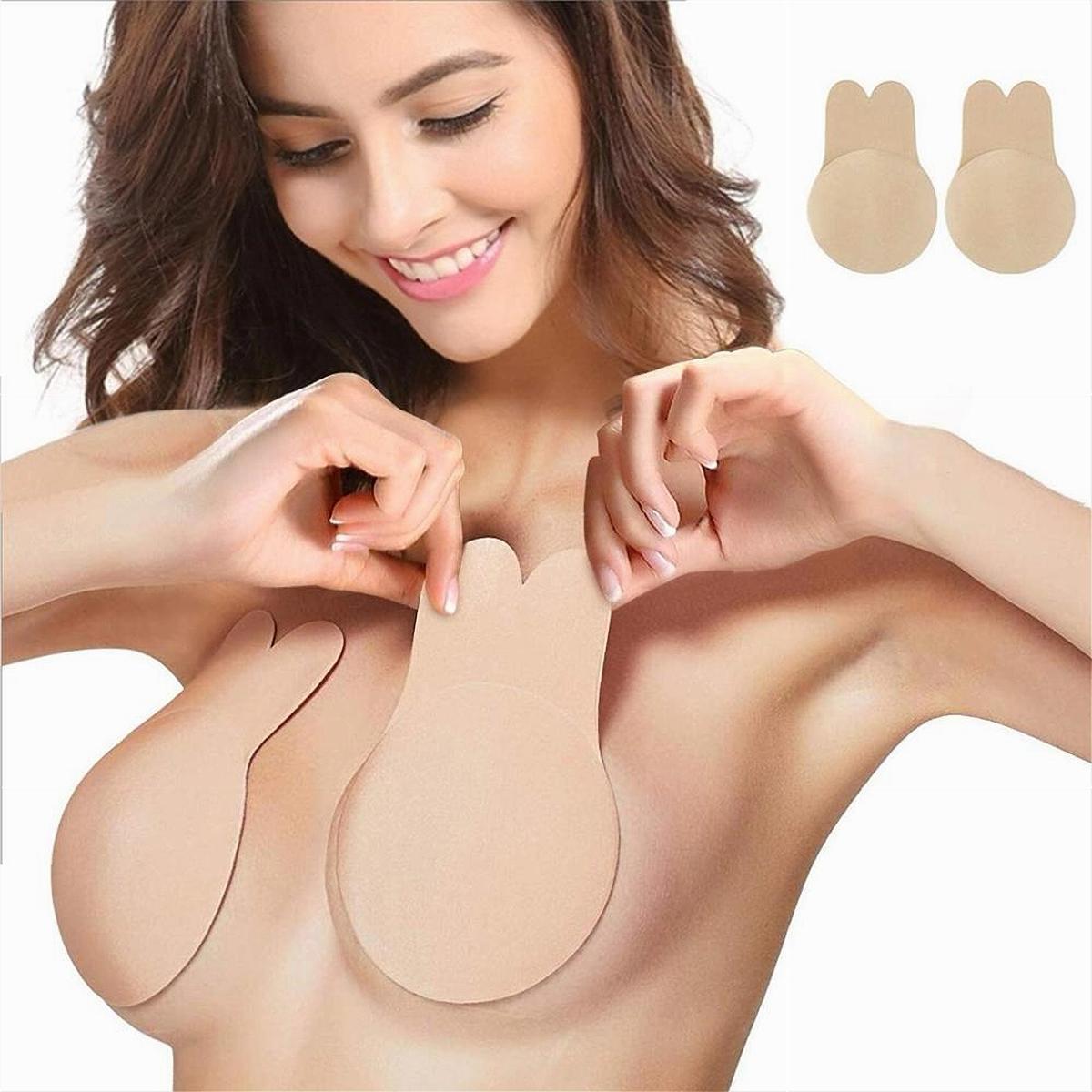 Silicone Self Adhesive Invisible Strapless Backless Push Up Bunny Shape Stick on Bra Pad(Beige,S/M)
