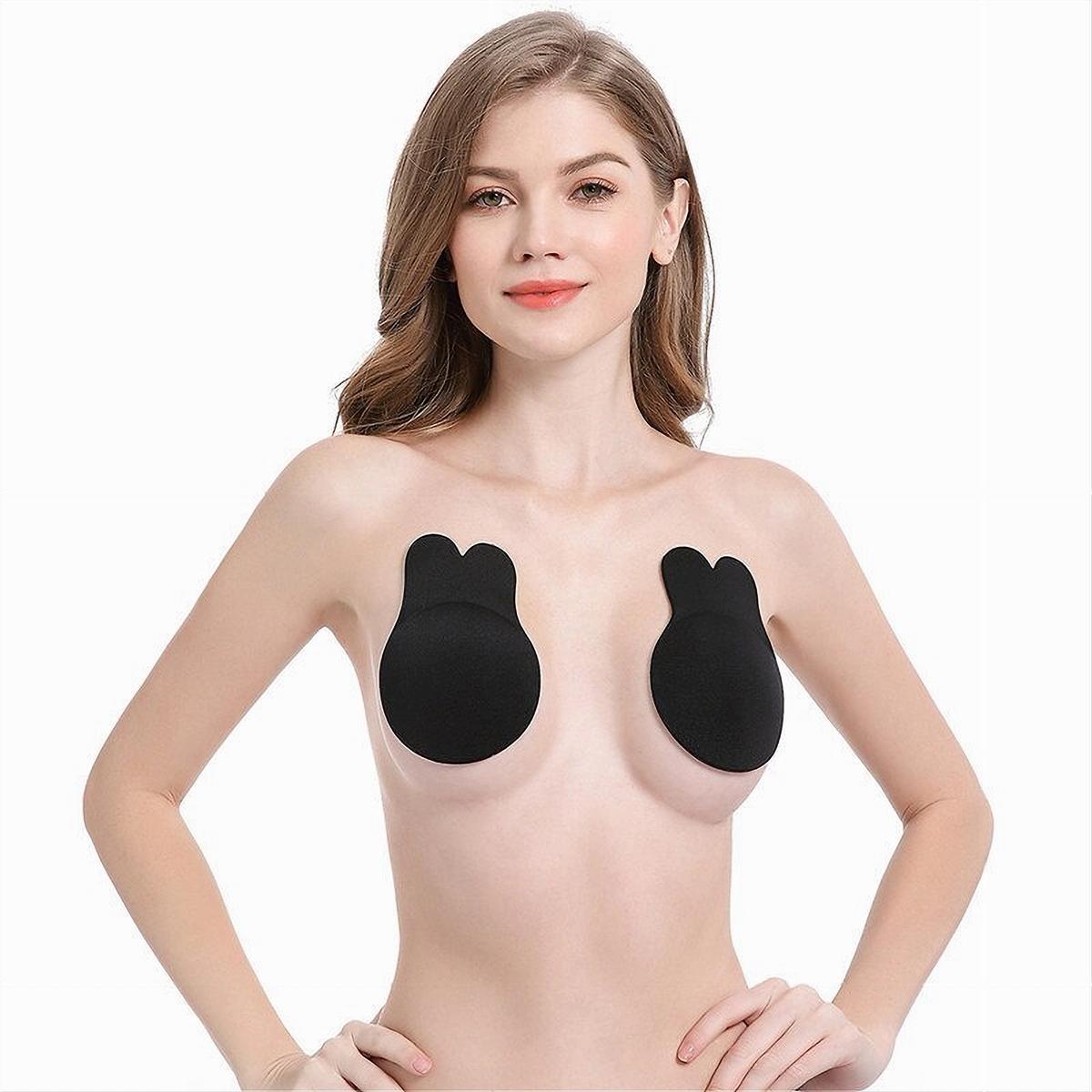 Strapless Silicone Self Adhesive Invisible Backless Push Up Bunny Shape Stick on Bra Pad(Black,2XL)