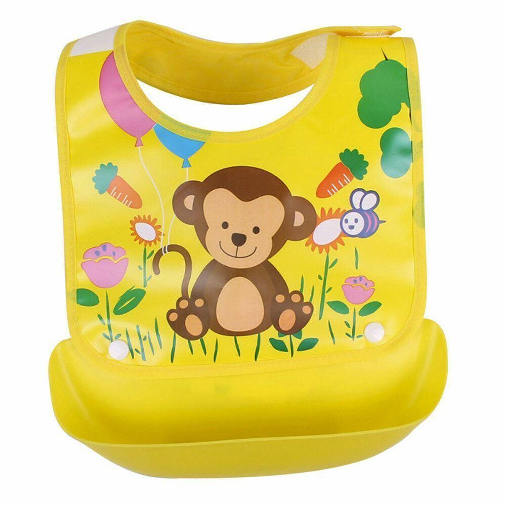 Waterproof Baby Bibs Silicone + Plastic Bib Apron Cartoon Feeding Food Catcher - Monkey
