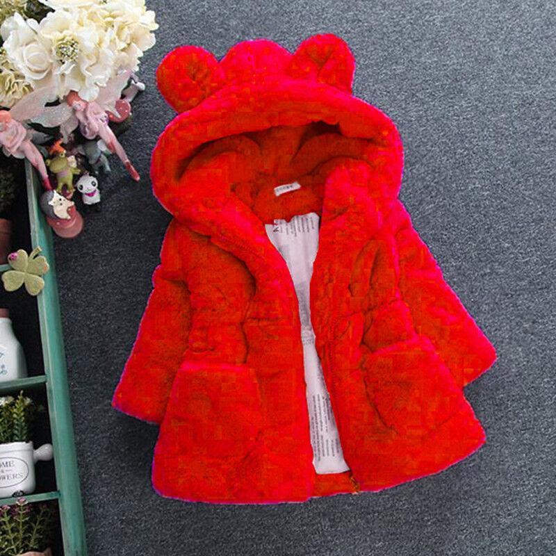 Vicanber Kids Fur Fleece Coat Teddy Bear Long Sleeve Zipper Up Hooded Jacket(Red,2-3 Years)