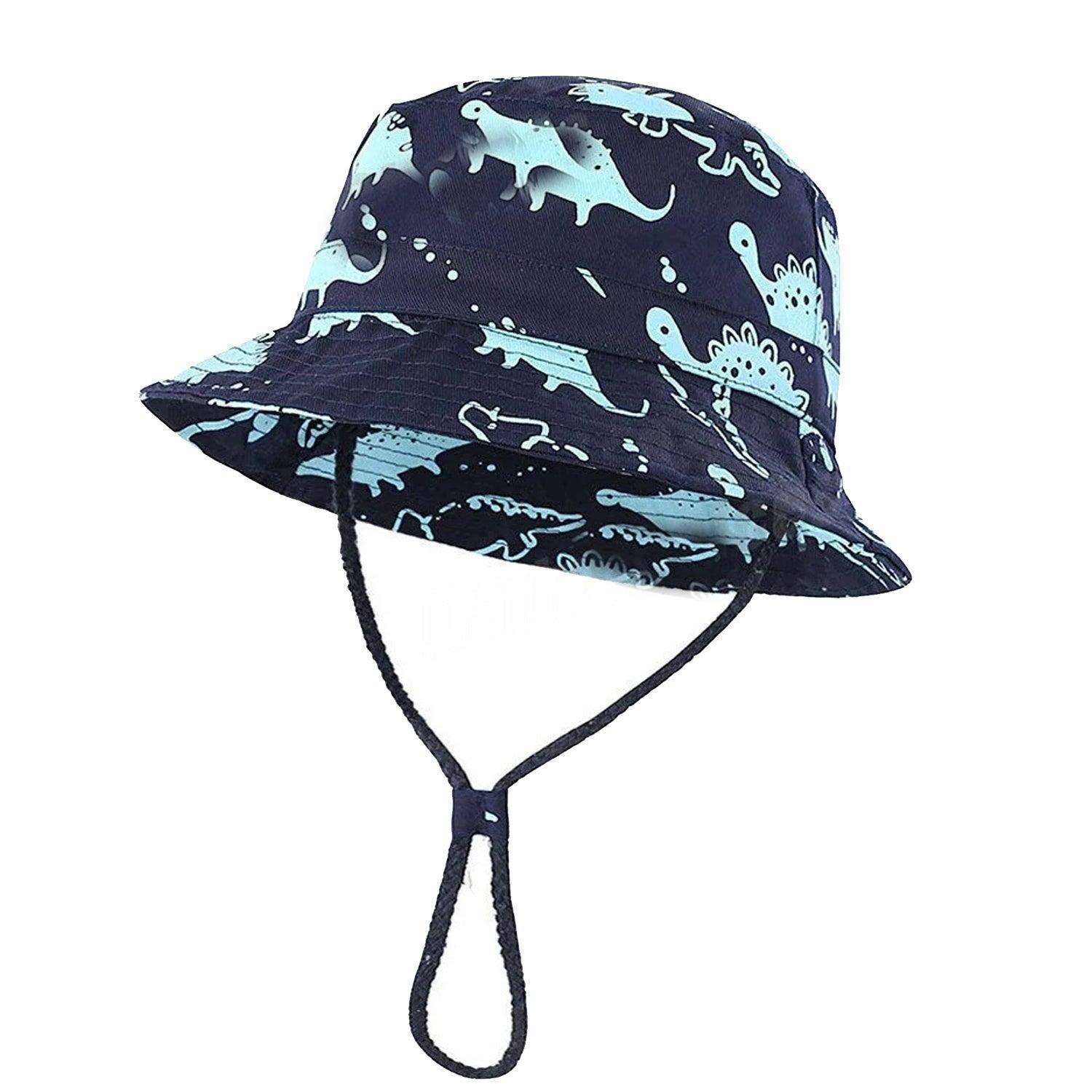 Kid's Bucket Hat Cotton Summer Beach Sun Cap + Adjustable Strap Cartoon Dinosaur