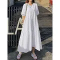 Women Cotton Solid Color Puff Sleeve Pleated Simple Maxi Dresses With Pocket(5XL Black)