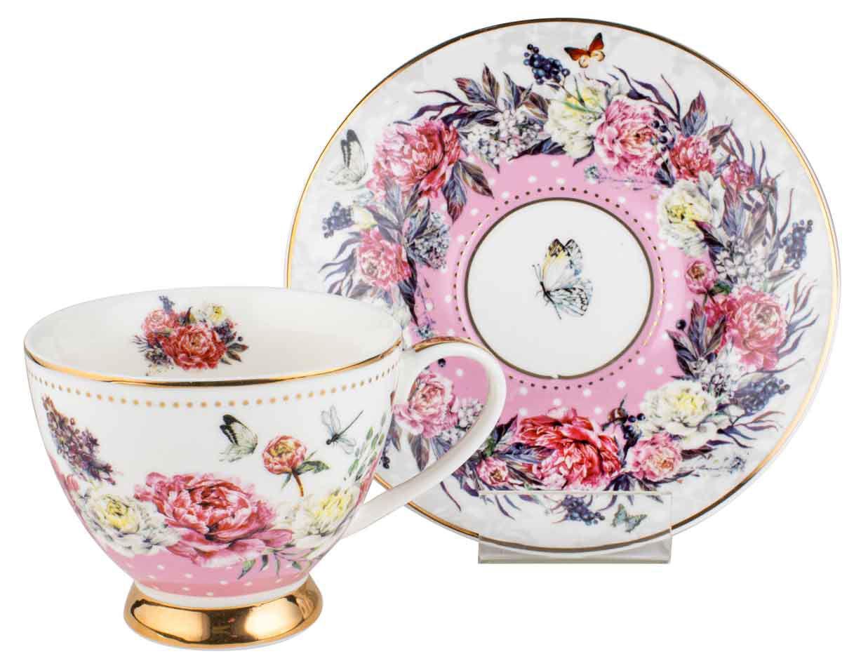 Roses & Butterflies Floral Decorative Botanical Pink Teacup & Saucer Set 200ml