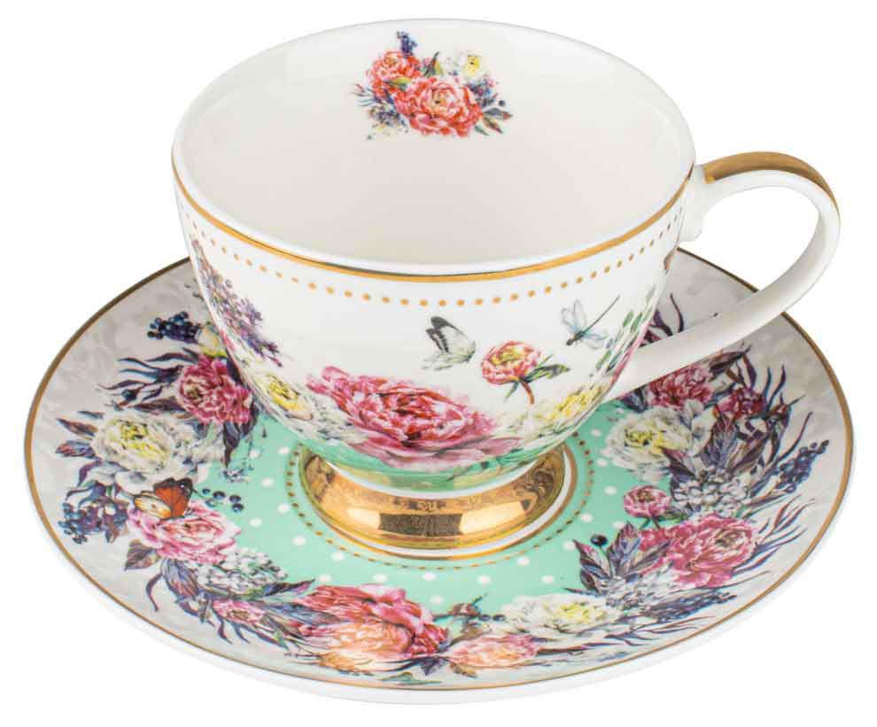 Roses & Butterflies Mint Decorative Botanical Teacup & Saucer Matching Set 200ml