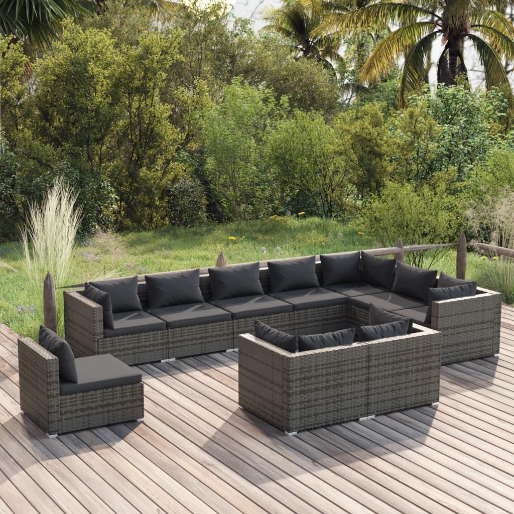 10 Piece Garden Lounge Set with Cushions Poly Rattan Grey vidaXL