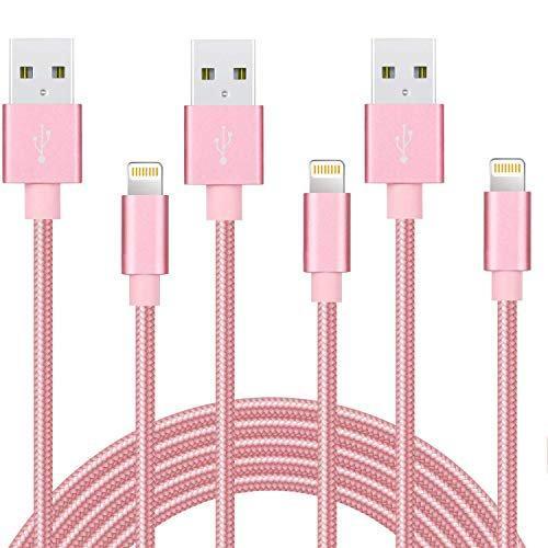 [3 Pack] 2M USB 2.1A Fast Charger Cable Naylon Braided For Apple iPhone 14 13 12 11 XR X S Max Charging Cord - Rose Gold