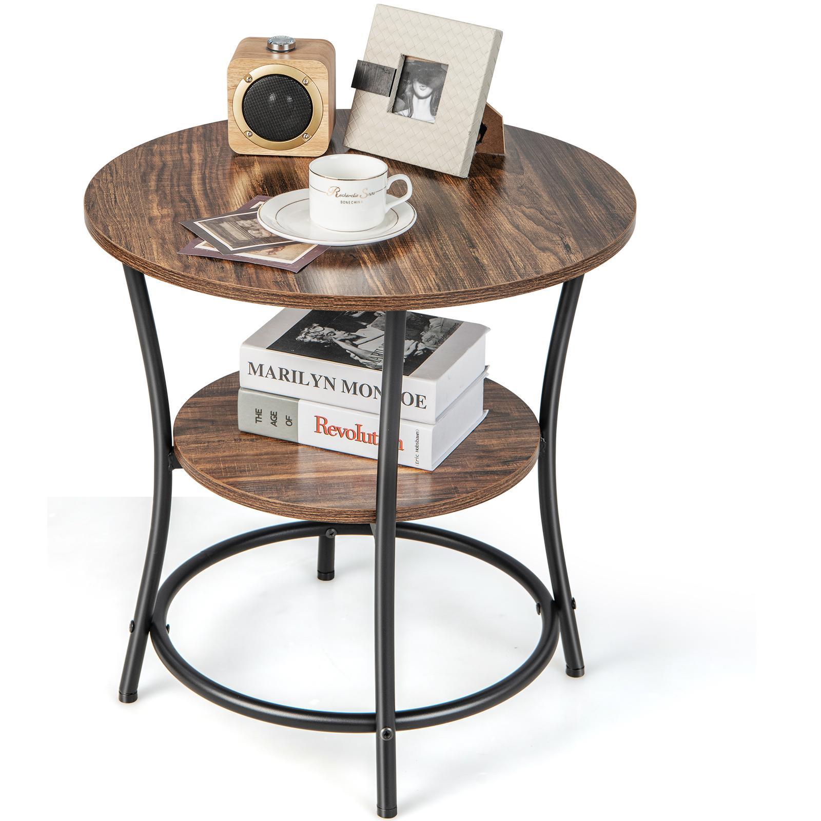 2-Tier Round Sofa Side End Table- Brown