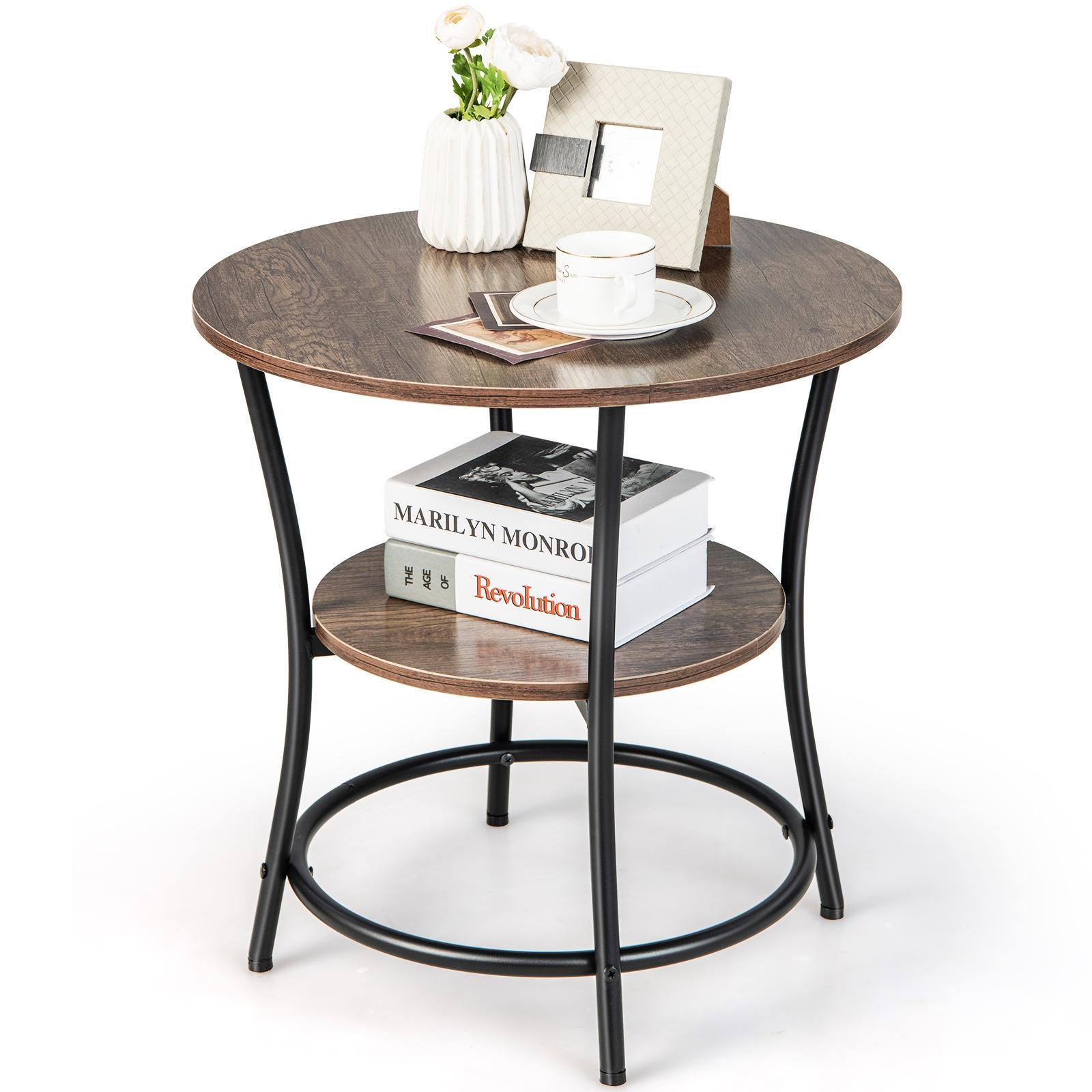 2-Tier Round Sofa Side End Table- Oak