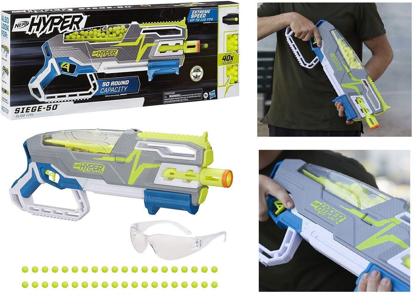 NERF Hyper Siege 50 Pump Action Blaster 40 Hyper Rounds with Eyewear Toy Gun