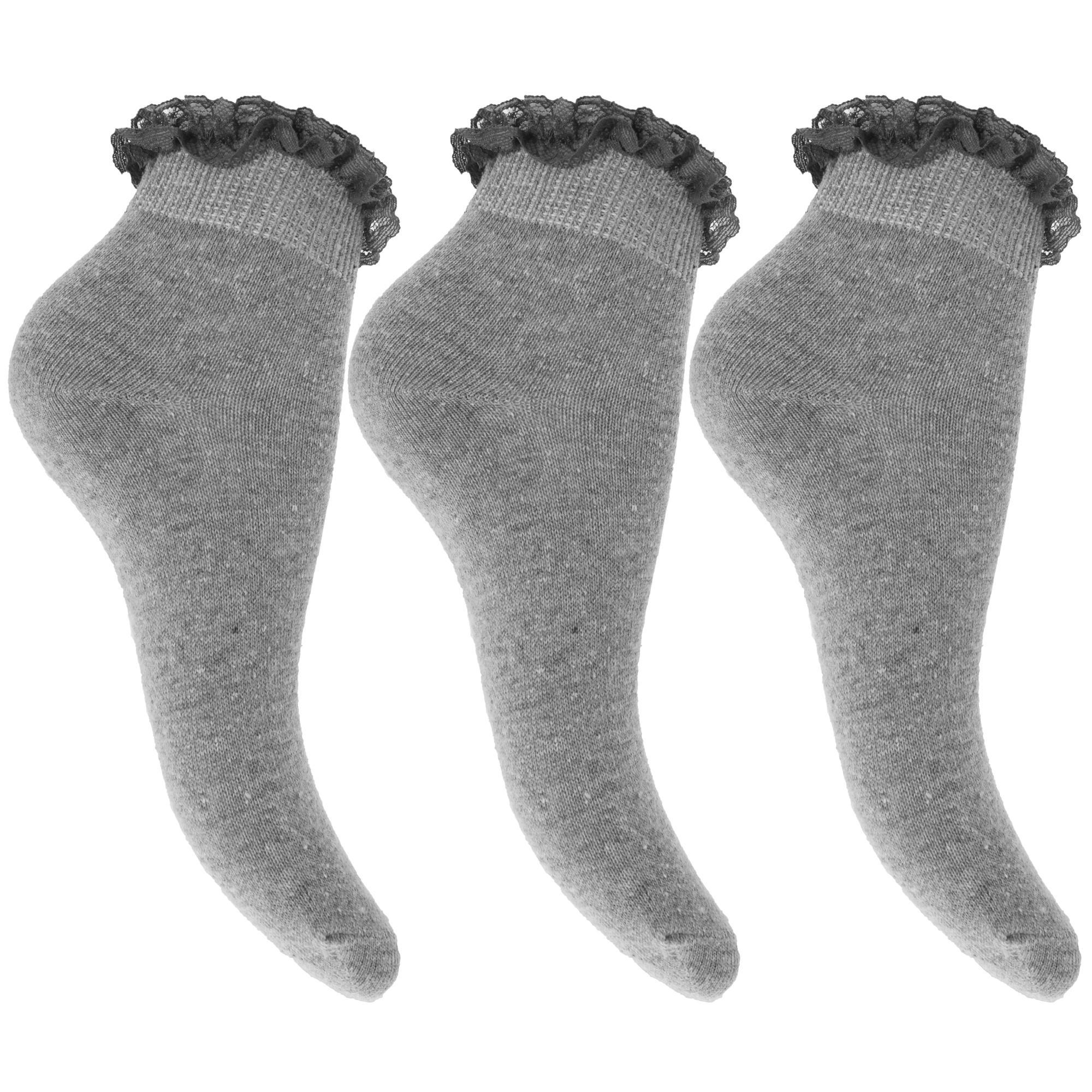 Childrens Girls Ruffled Trim School Socks (Pack Of 3) (Grey) (UK Shoe 4-5.5 , Euro 37-39 (Age: 13+ years))