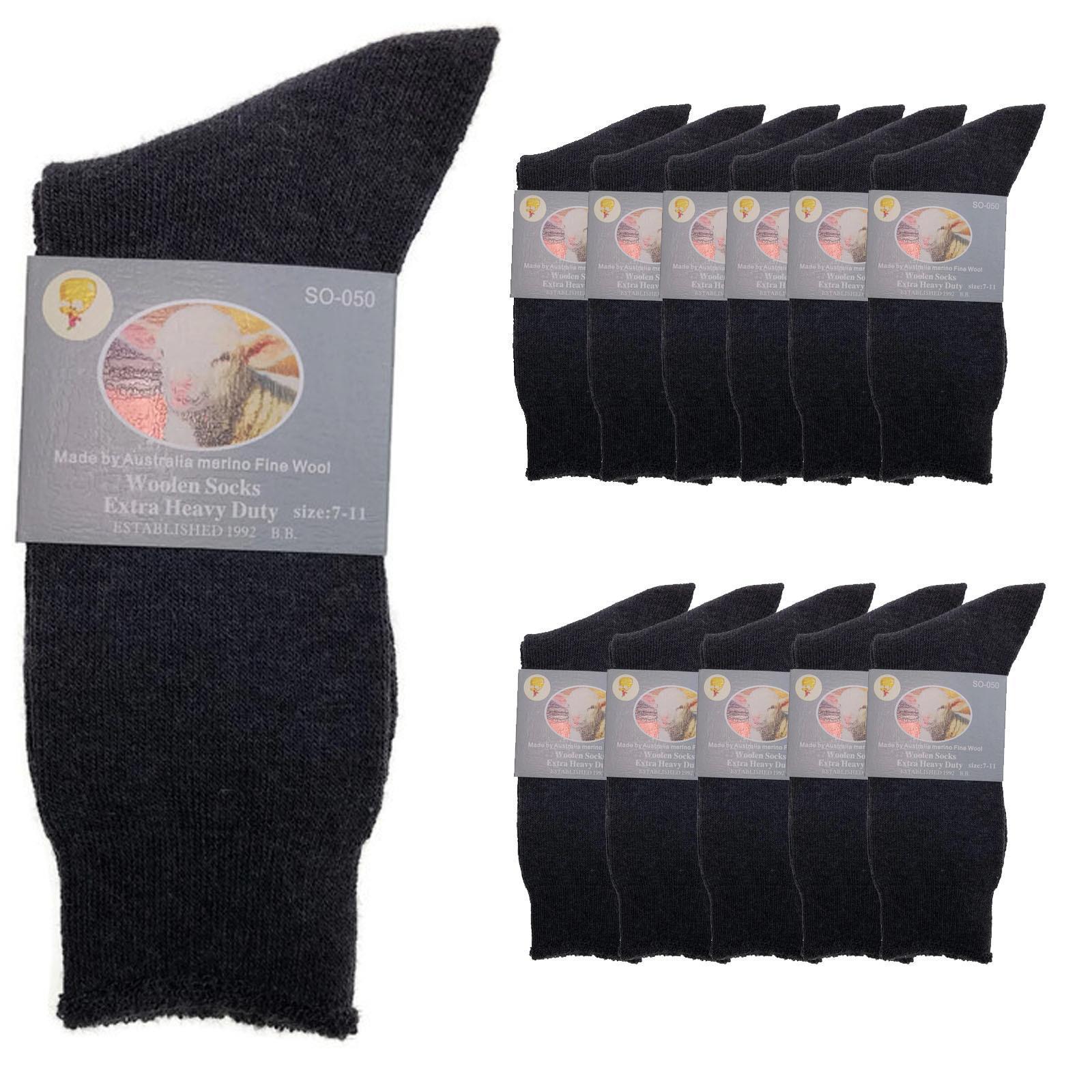 12 Pairs Merino Wool Blend Woolen Work Socks Hiking Heavy Duty Warm Thermal BULK - Charcoal - 7-11