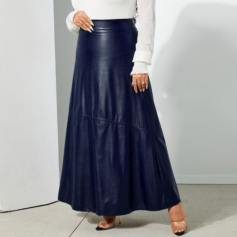 8-24 Womens Solid Skirt PU Leather Dresses Party Dress A-Line Long Maxi Skirts(Blue 5XL)