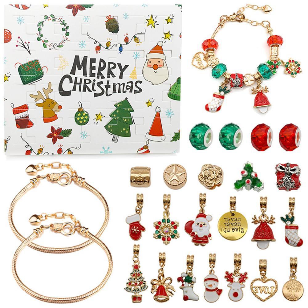 Vicanber Christmas Advent Calendar Blind Box Charm Bracelet DIY Making Kit Toys Kids Xmas Countdown Gifts (Gold)