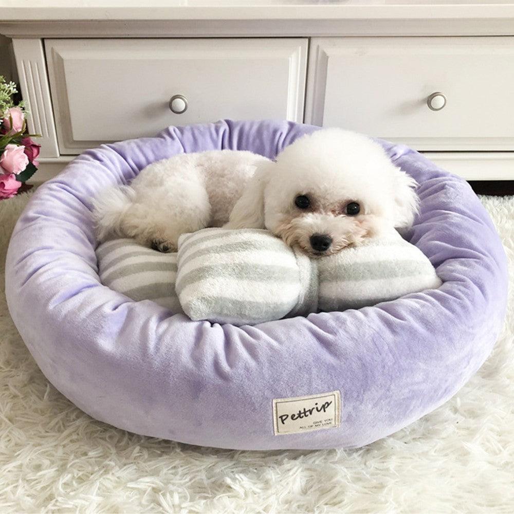 FancyGrab Pet Bed with Pillow Round Shape Pet Dog Cat Bed Purple Small