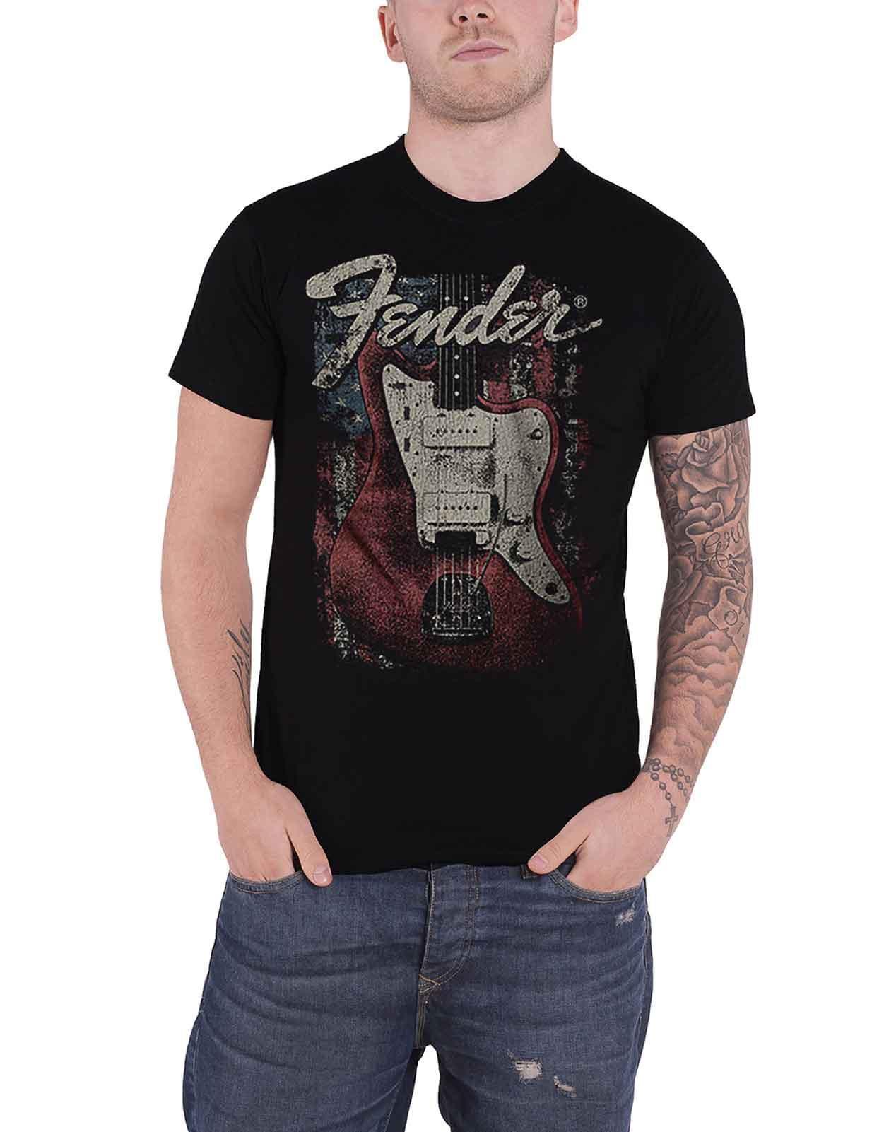 Fender T Shirt Distressed Guitar USA Flag Logo new Official Mens Black