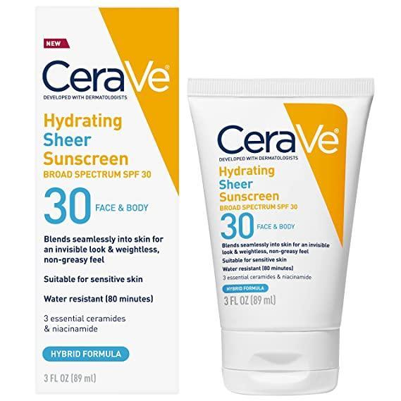 CeraVe Hydrating Sheer Sunscreen SPF 30 for Face and Body, 89ml