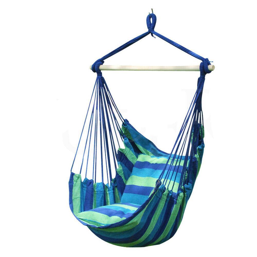Blue+Green 130*100cm Garden Hanging Hammock Chair Swing Camping With 2 Pillows